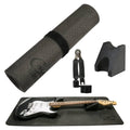 Rolled black guitar work mat with two neck rests and included guitar tools