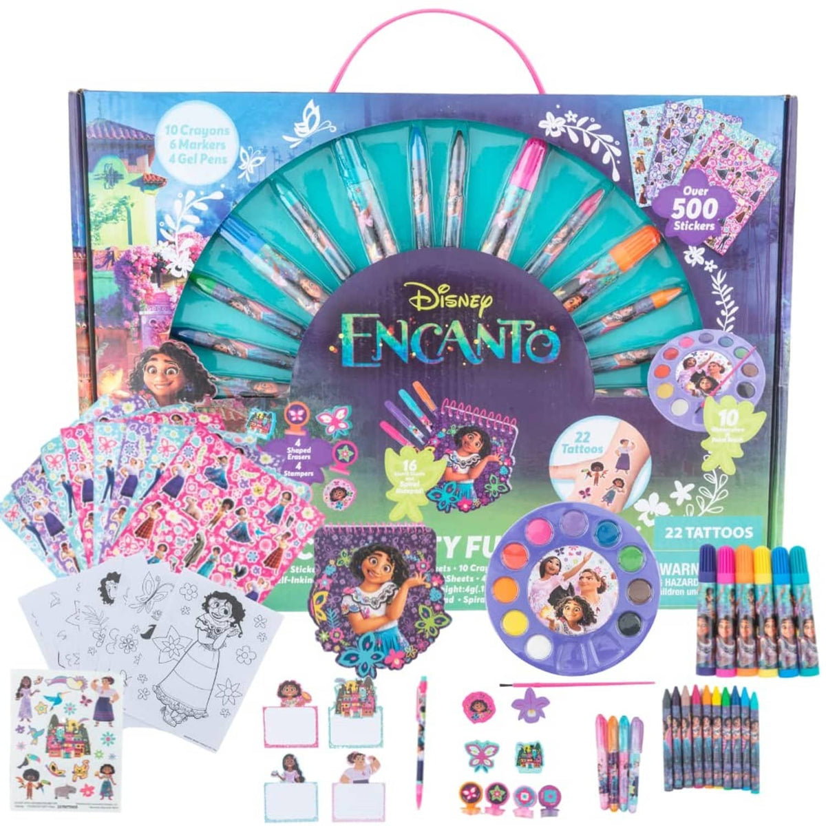 Encanto art set box with stickers, tattoos, crayons, markers, and watercolor palette