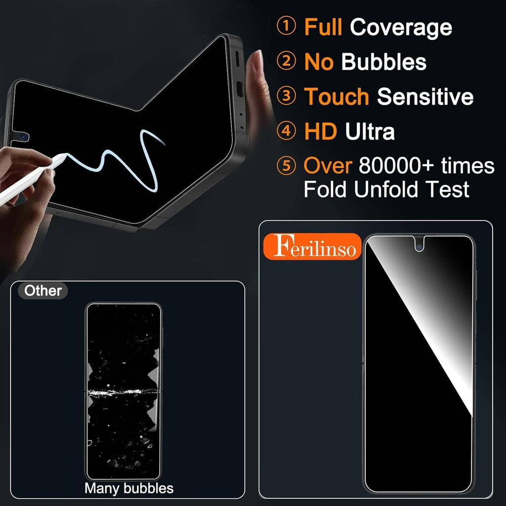 Ferilinso Z Flip privacy screen protector film, flexible full-coverage piece with corner notch