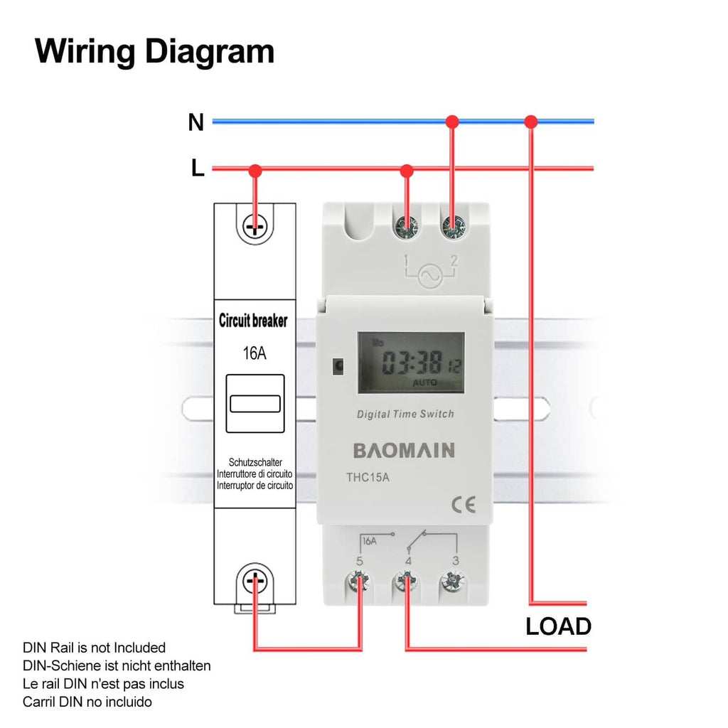 BAOMAIN THC15A timer relay with wiring diagram lines, LCD display and terminal layout
