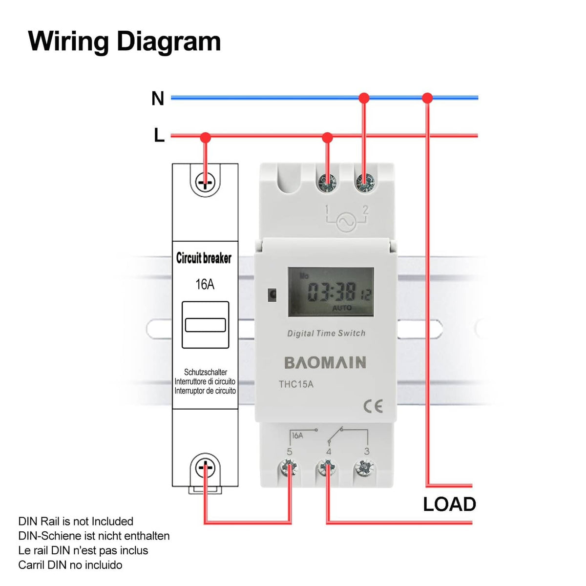 BAOMAIN THC15A timer relay with wiring diagram lines, LCD display and terminal layout