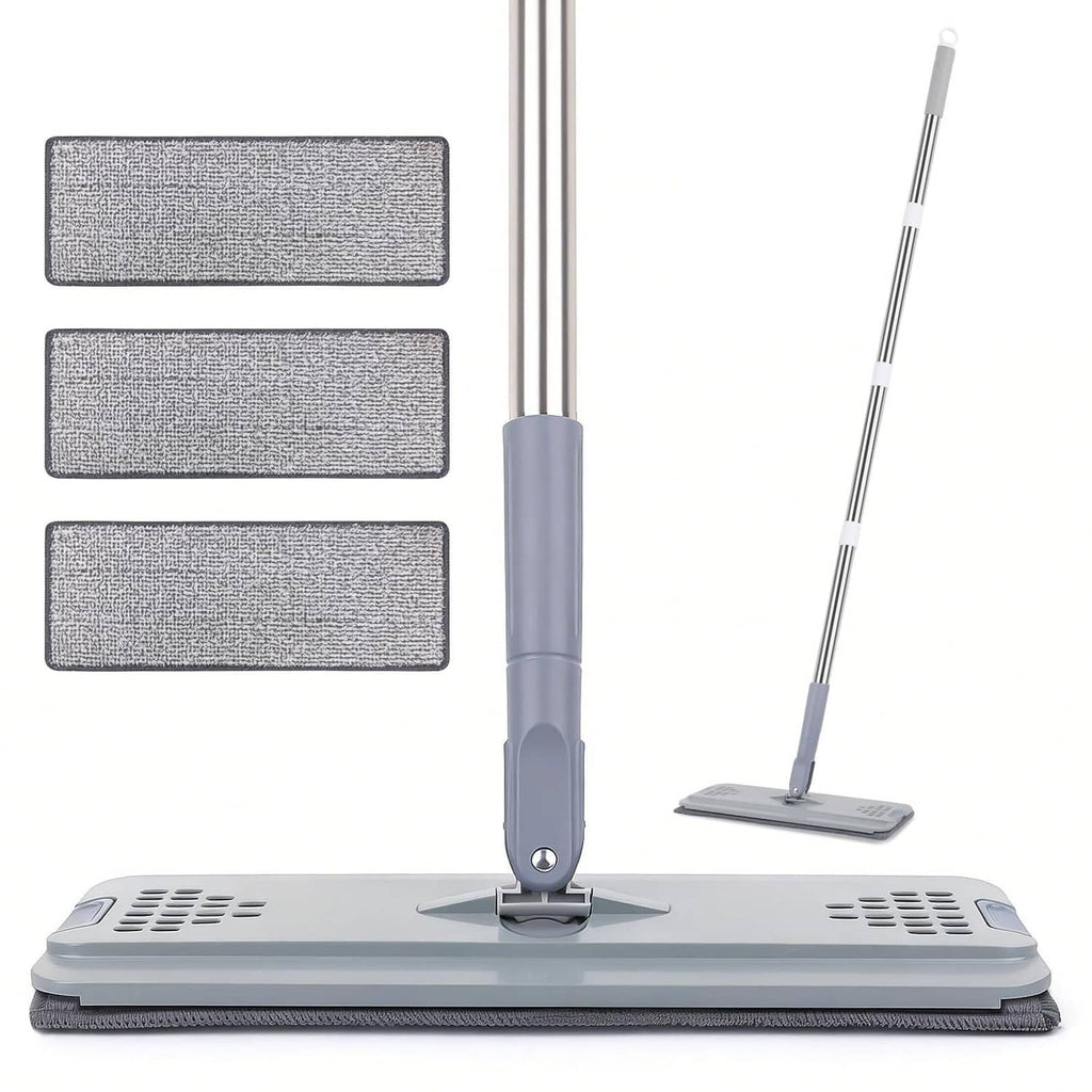 Gray flat mop with three gray microfiber rectangular pads