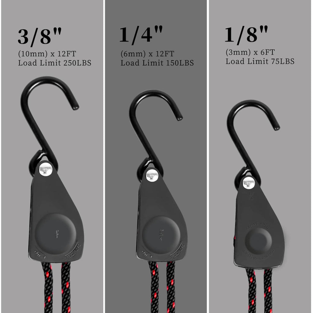 Black coated hook tie-down straps with red-black braided rope in multiple sizes
