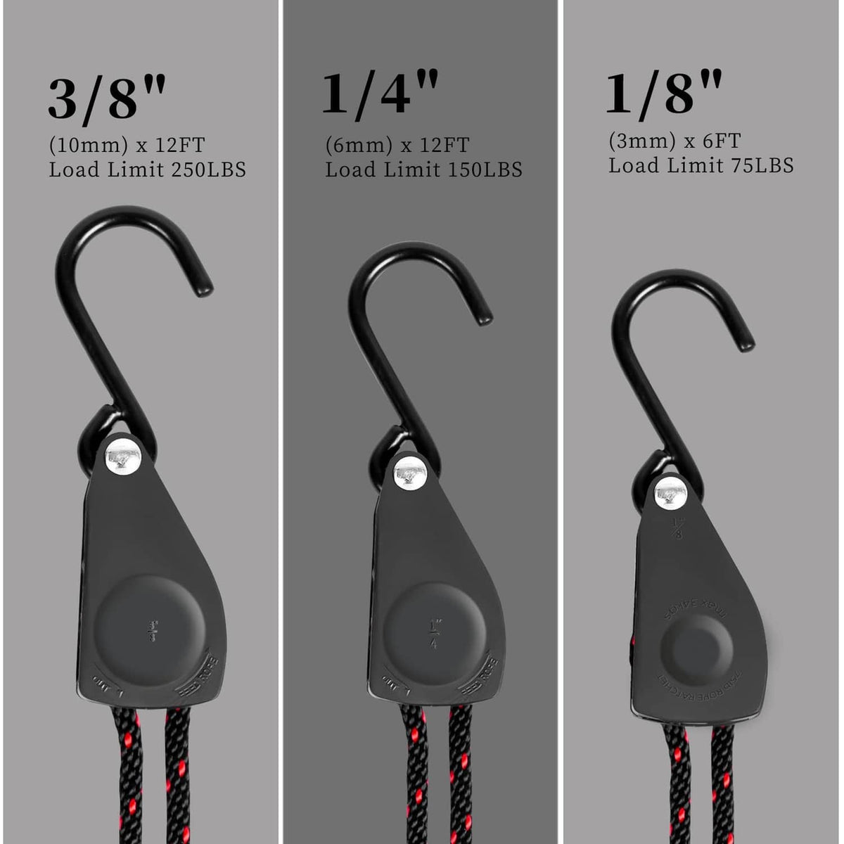 Black coated hook tie-down straps with red-black braided rope in multiple sizes