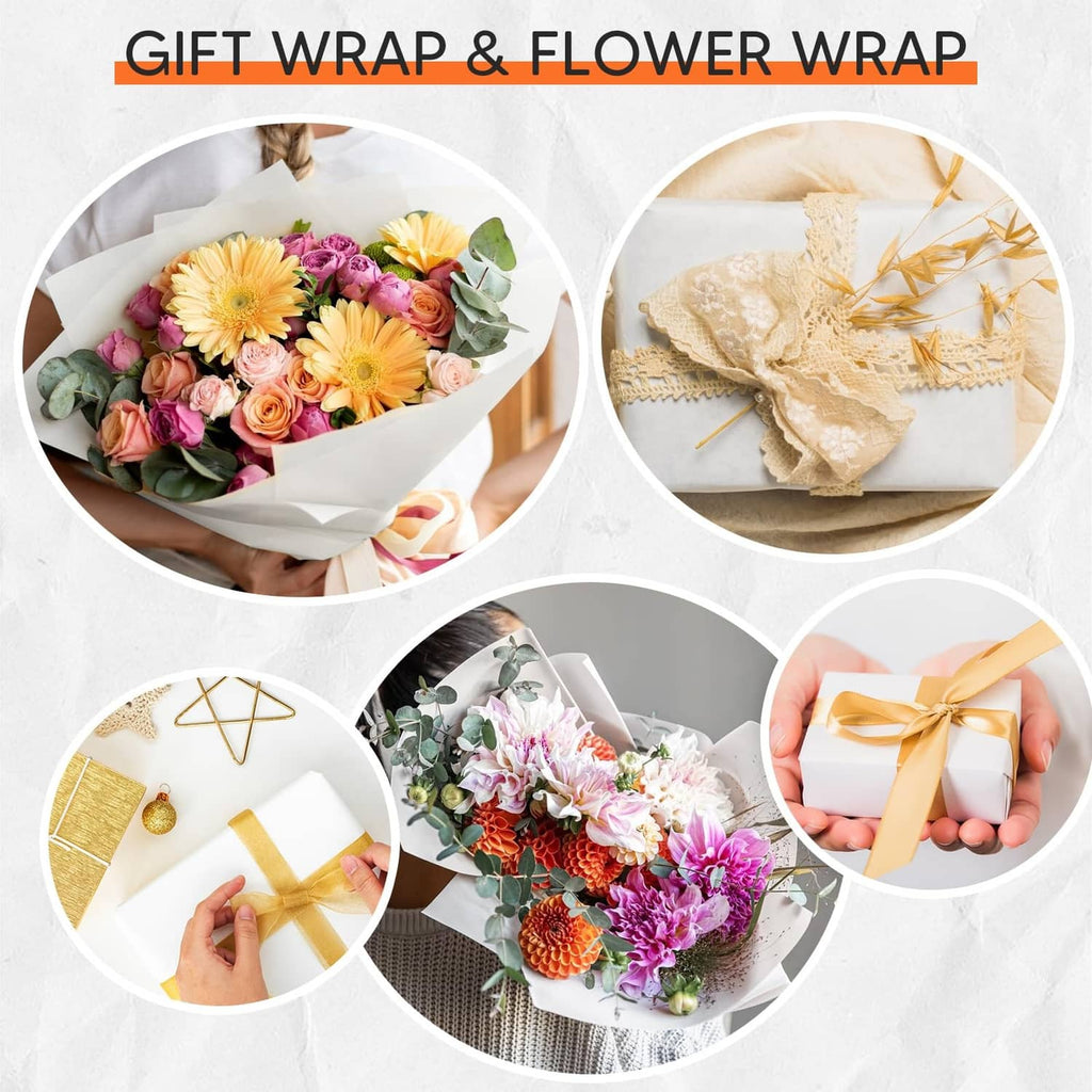 Promotional graphic showing packing paper for gift and flower wrapping, with gift bow