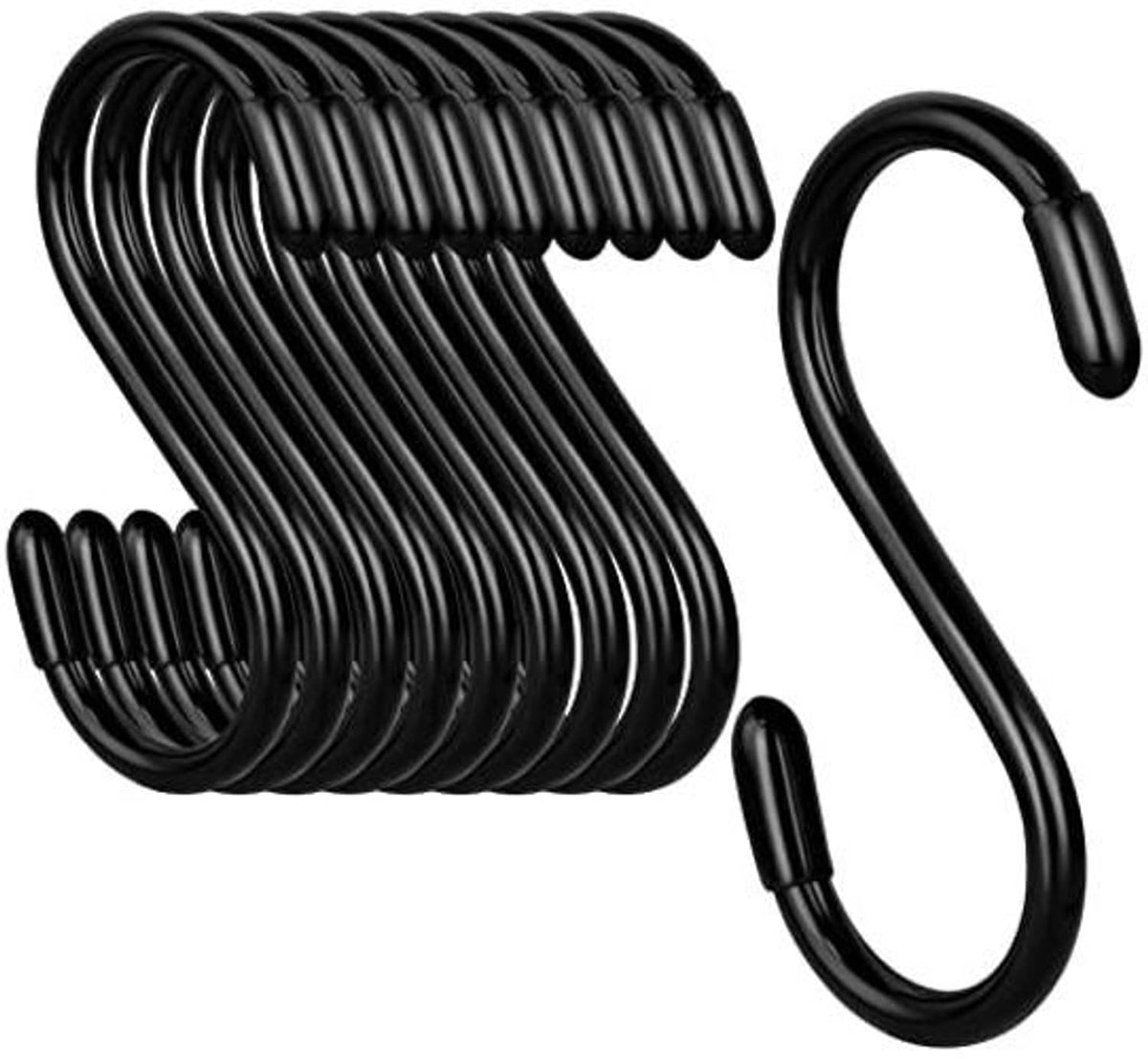 Black vinyl-coated S hooks with curved loop design, non-slip textured vinyl finish.