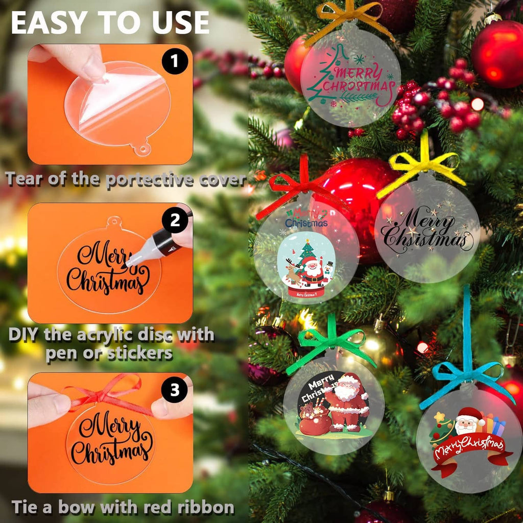 Clear round Christmas ornament discs with hanging loops and red ribbon bow