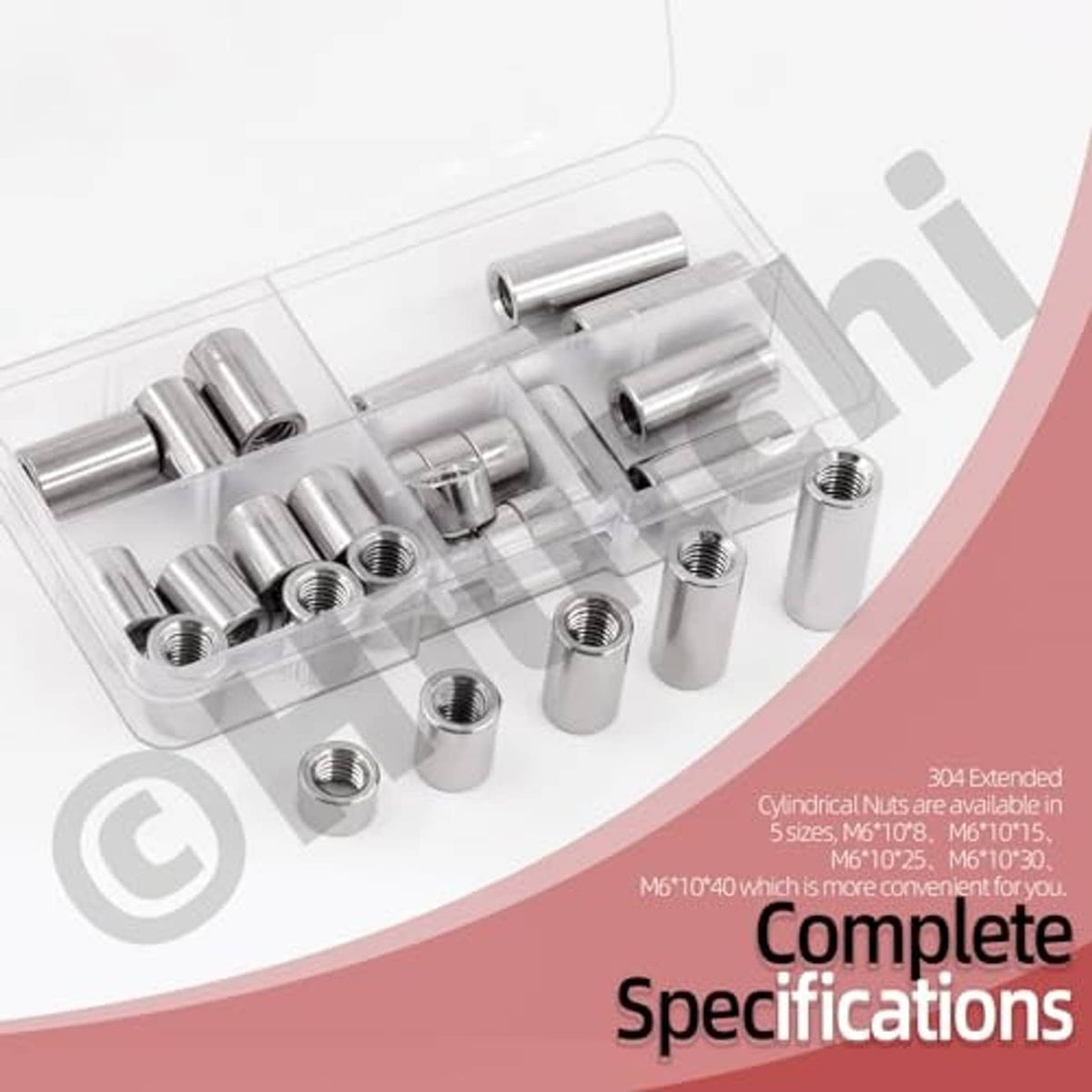304 stainless steel cylinder coupling nuts displayed in clear plastic case