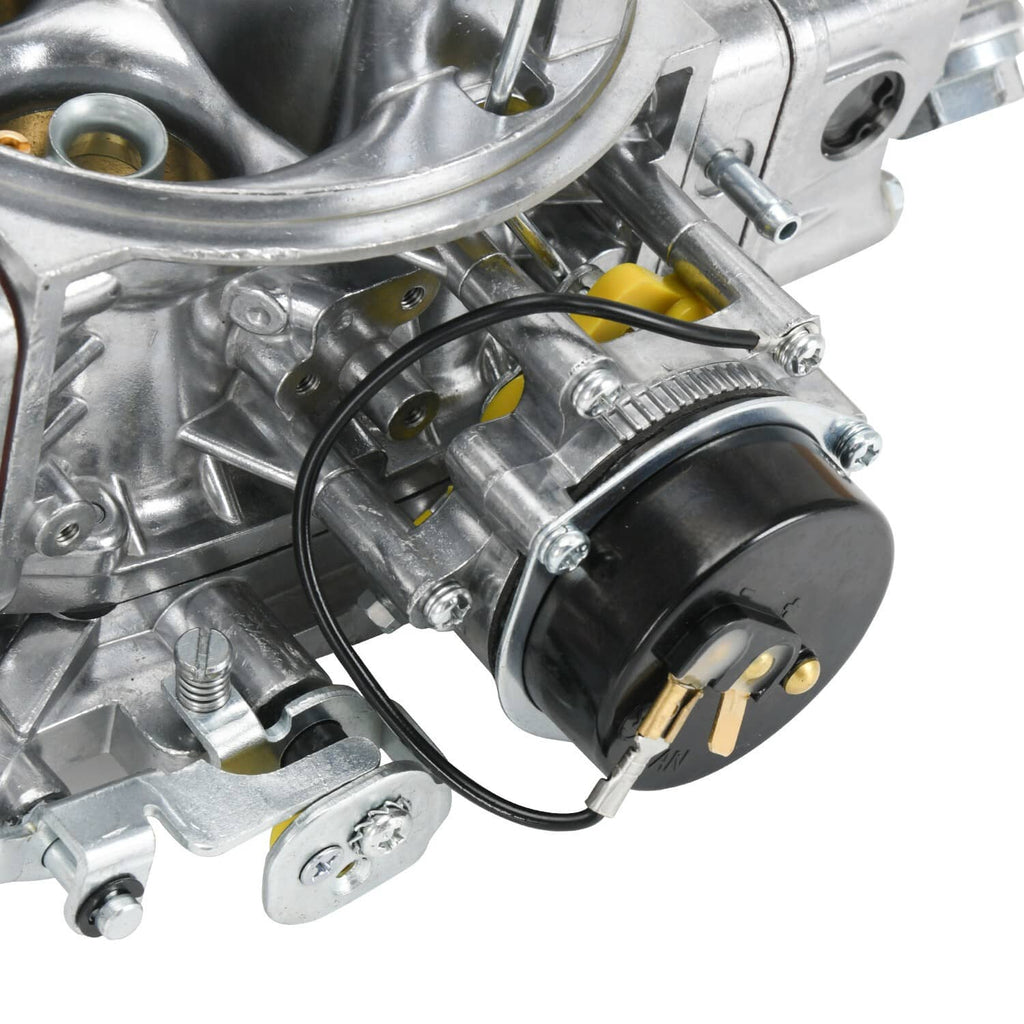 4-barrel carburetor with black e-choke motor and metal fuel inlet fittings
