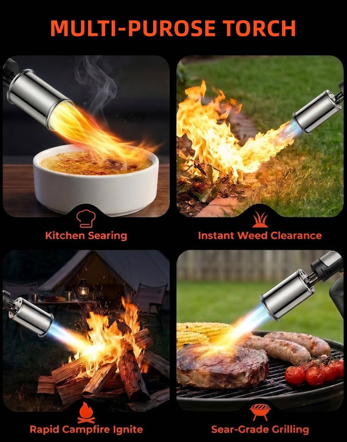 Propane torch gun with multi-purpose flame for kitchen searing and clearing weeds