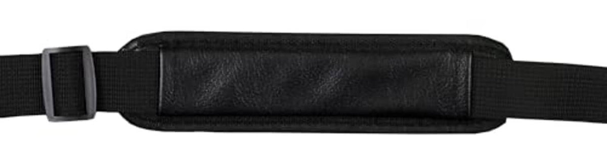Black billiard cue case with adjustable shoulder strap and stitched edge detail