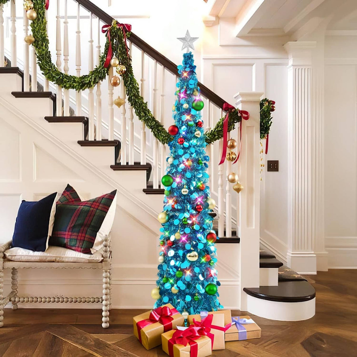 6ft blue LED pop-up Christmas tree with star topper and colorful hanging ornaments