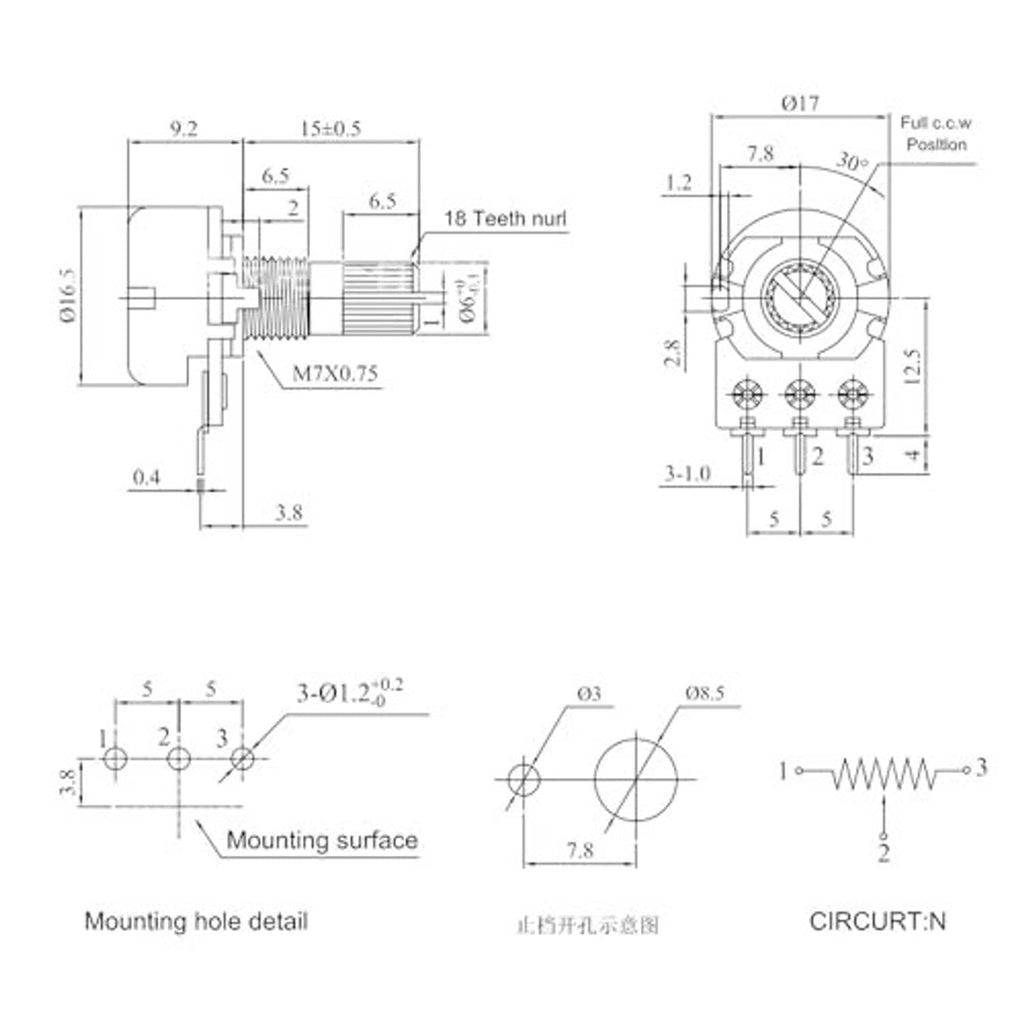 3-pin potentiometer dimension diagram with mounting hole and shaft position details