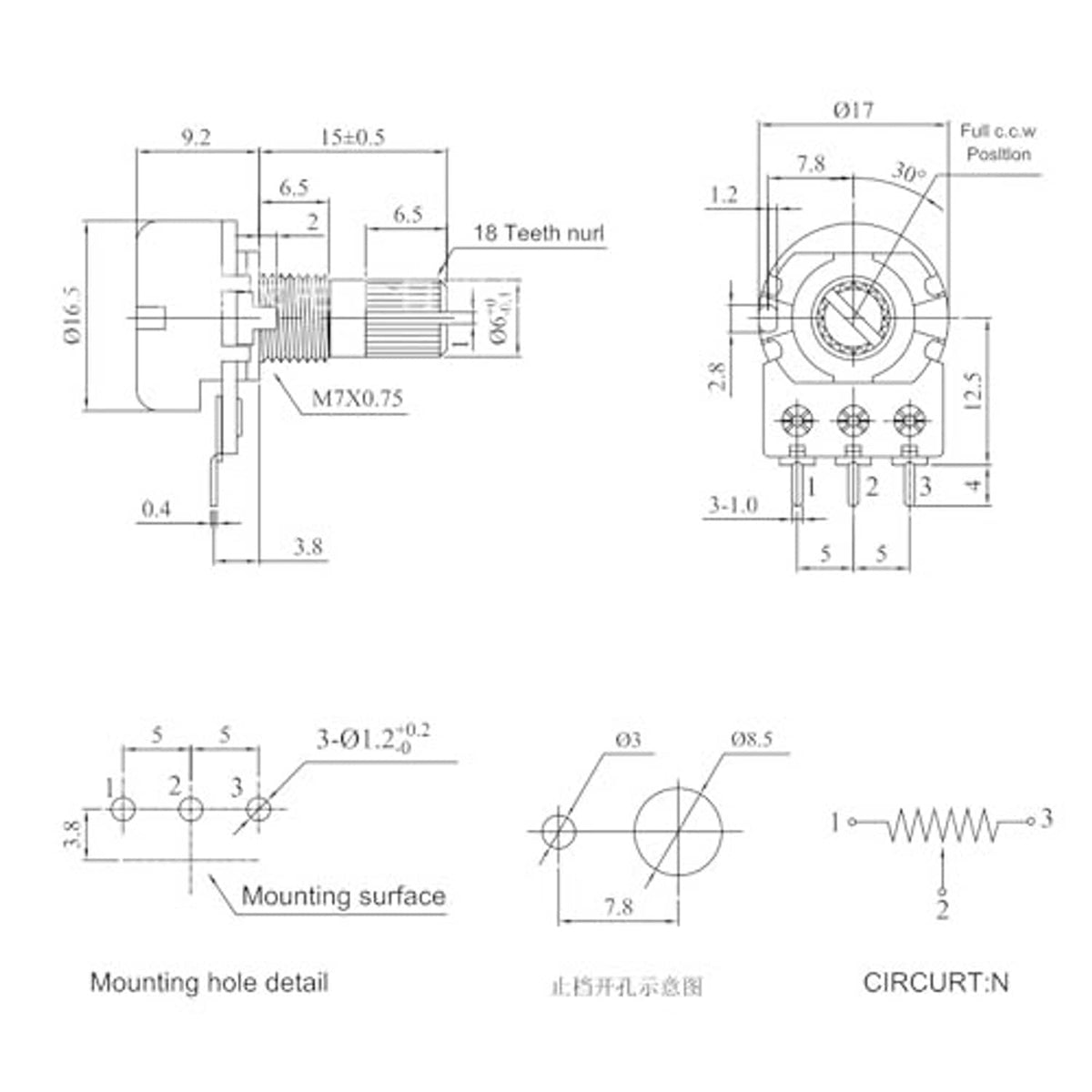 3-pin potentiometer dimension diagram with mounting hole and shaft position details
