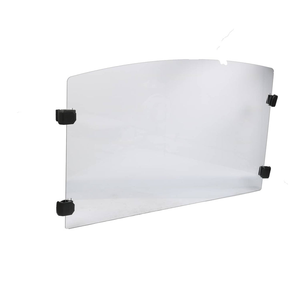 Curved front windshield with clear panel and black hardware mounting points
