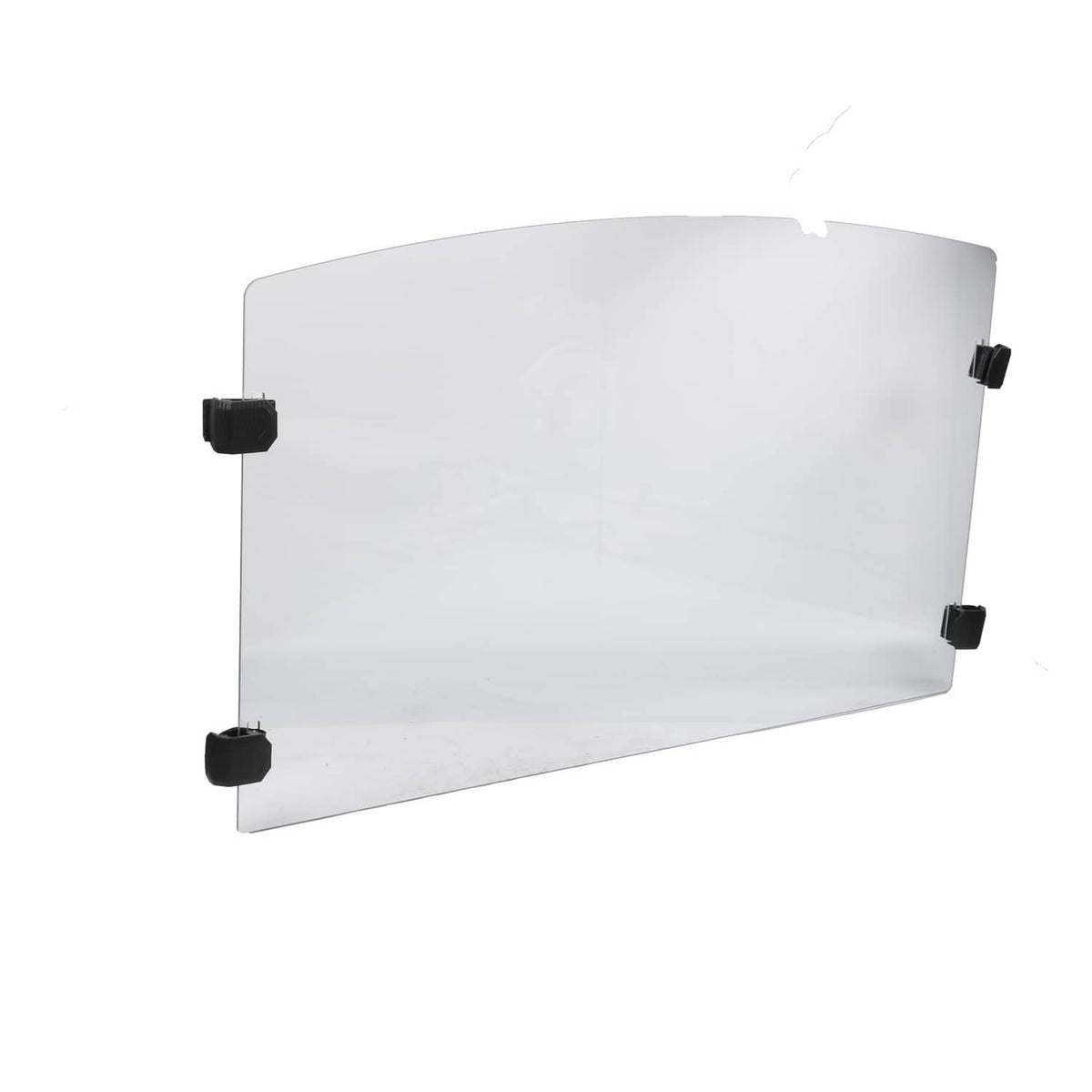 Curved front windshield with clear panel and black hardware mounting points