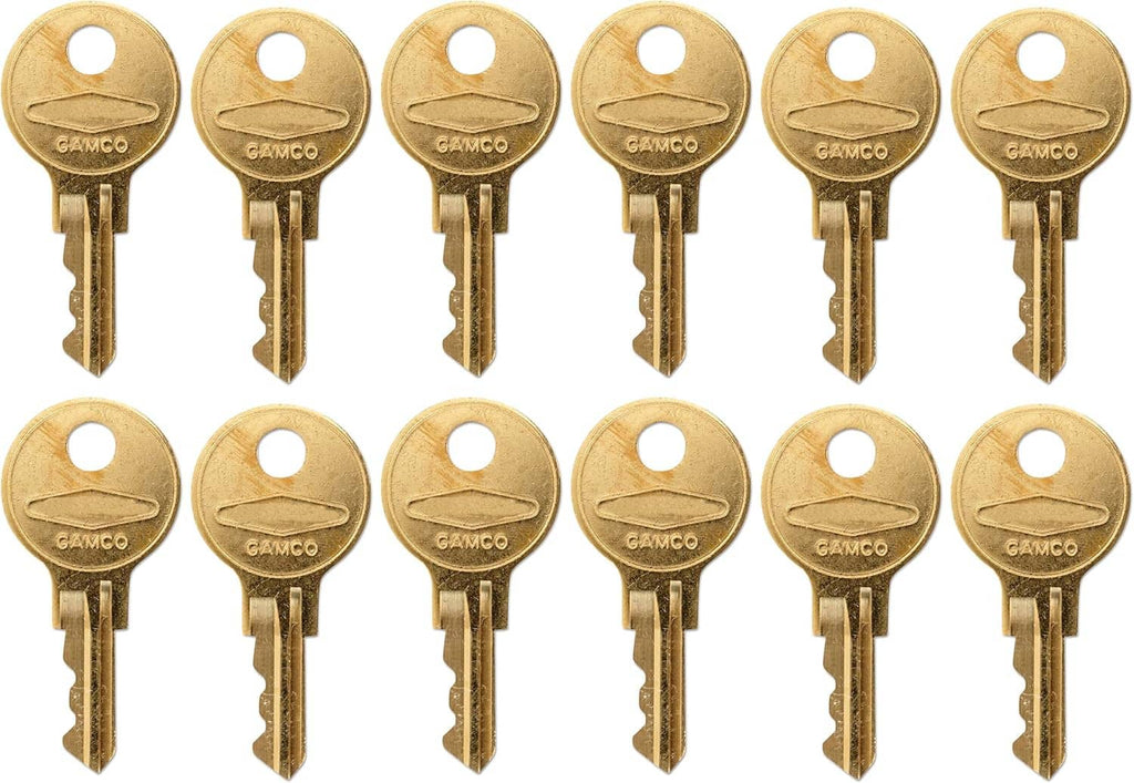 Pack of 12 brass dispenser keys with GAMCO and CAT 74 stamped on heads