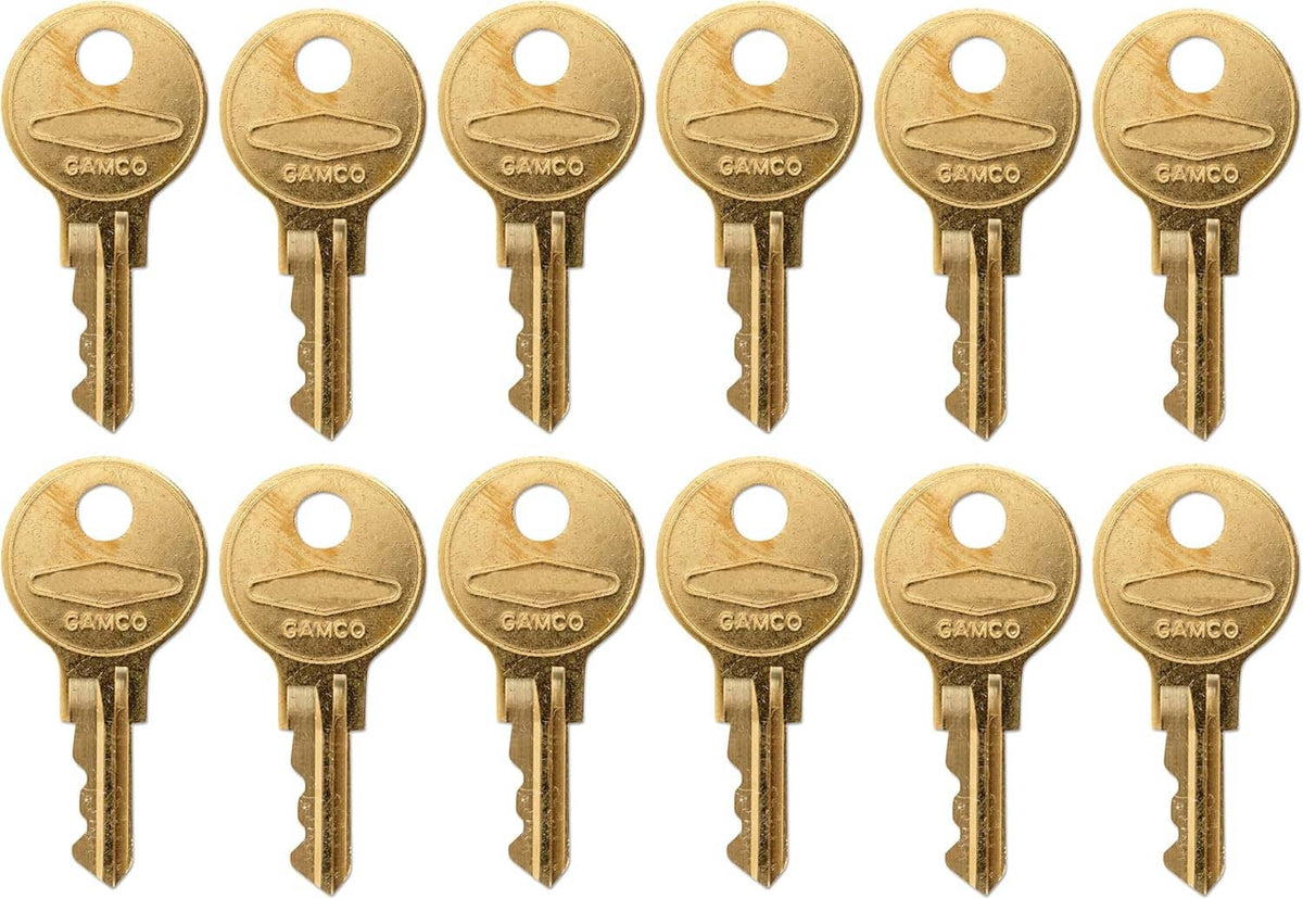 Pack of 12 brass dispenser keys with GAMCO and CAT 74 stamped on heads