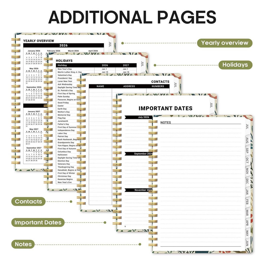 Taja Planner 2026-2027 spiral planner with extra pages, yearly overview, contacts, notes