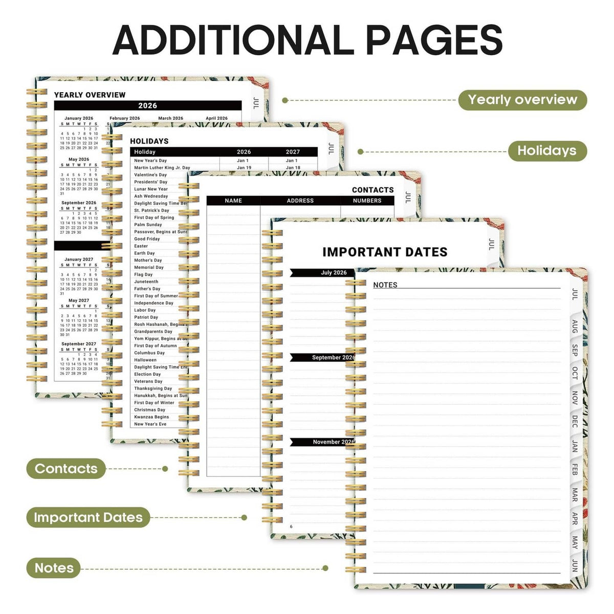 Taja Planner 2026-2027 spiral planner with extra pages, yearly overview, contacts, notes