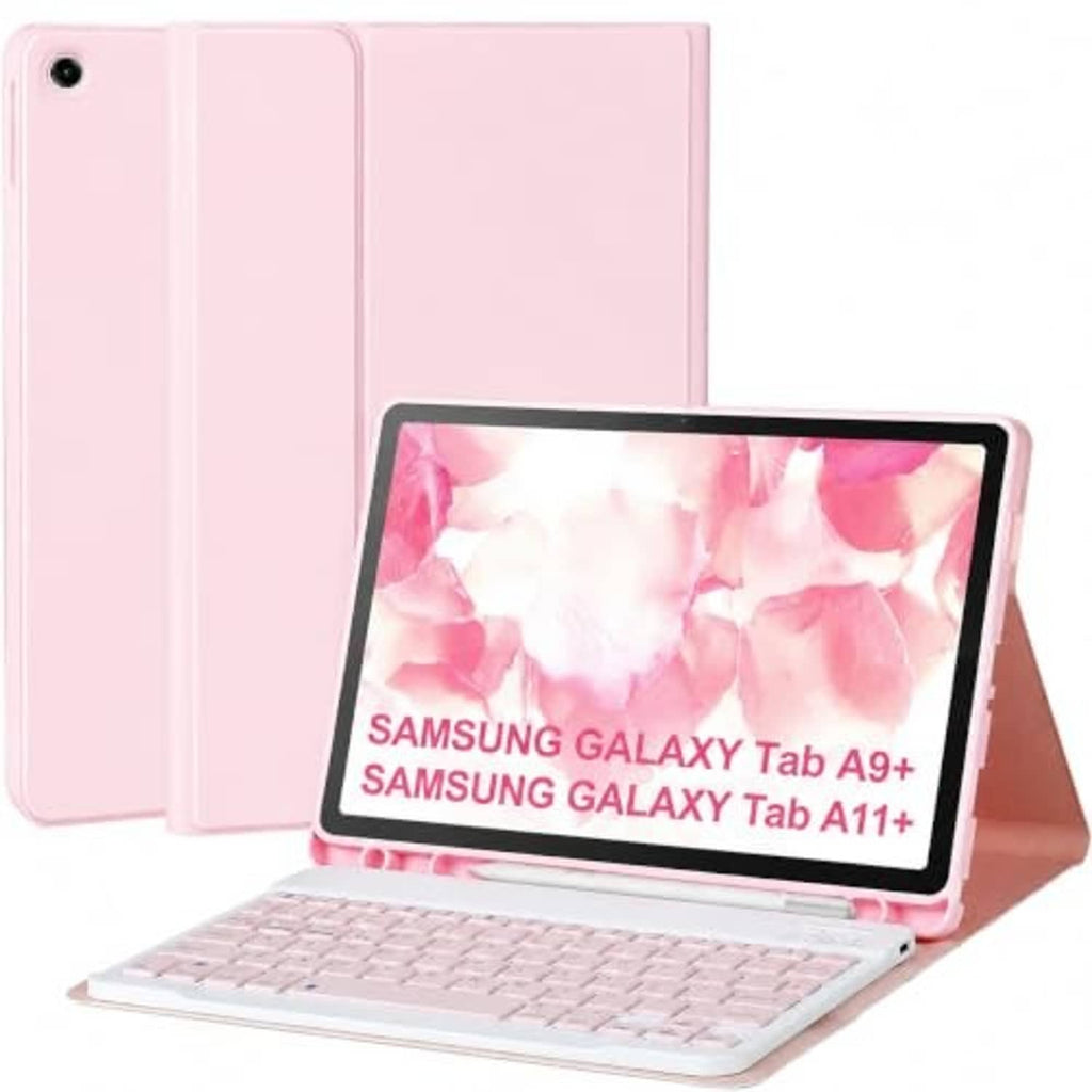 Pink tablet keyboard case with cover closed and tablet displayed on stand