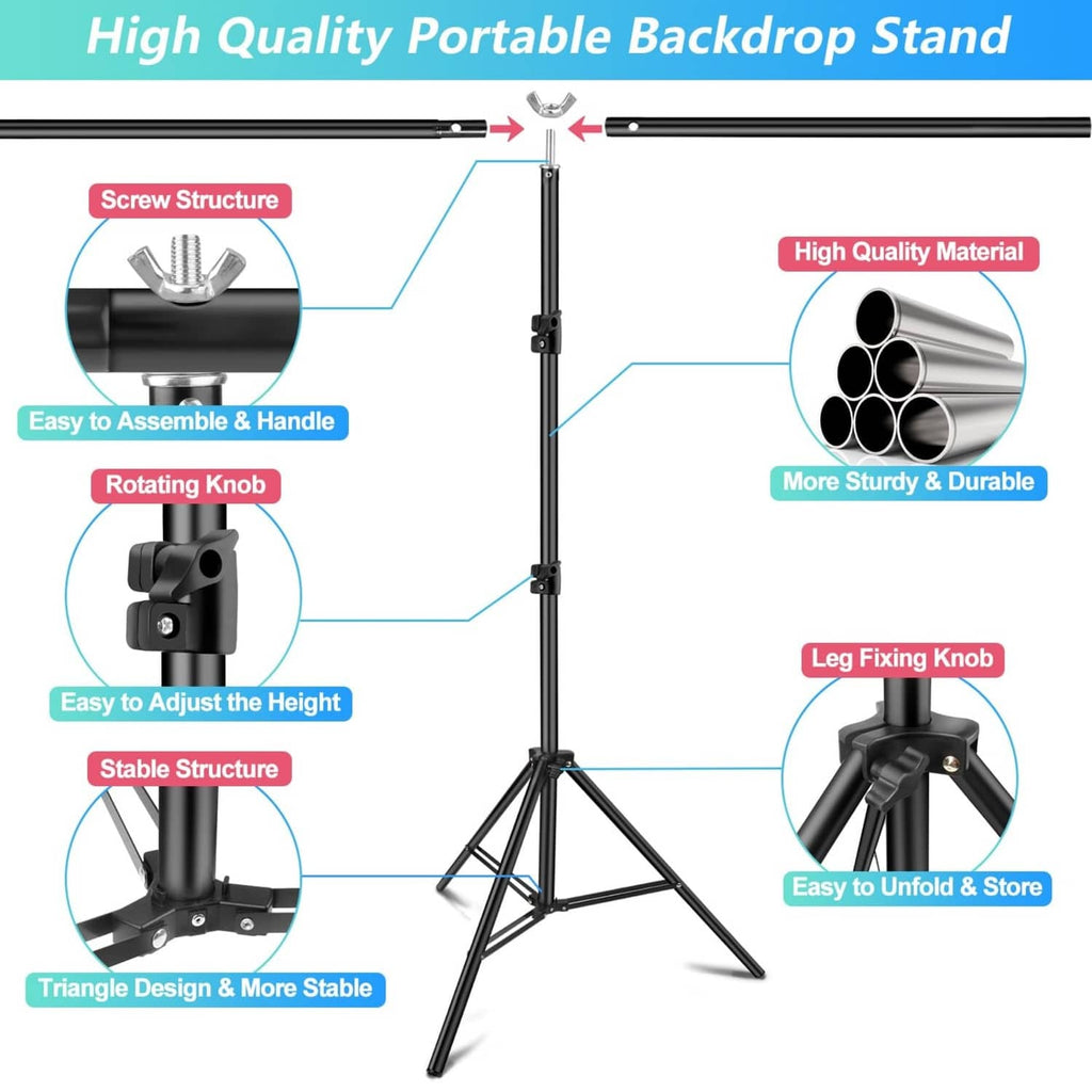 Adjustable backdrop stand with tripod base, height knob, and crossbars