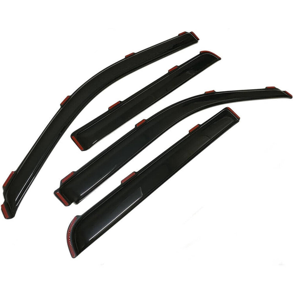 Four-piece black in-channel rain guards, curved vent visor pieces with red accents