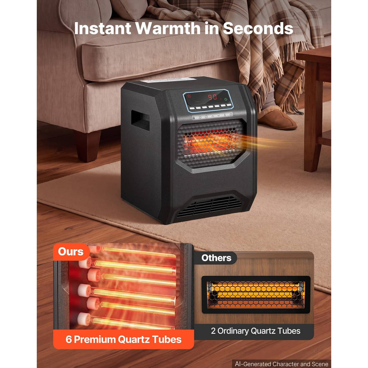 Black infrared electric heater on carpet with glowing front heating window