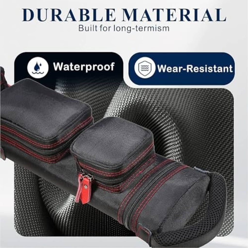 Pool cue case with textured dark gray fabric and red piping, padded end with zipper closure.