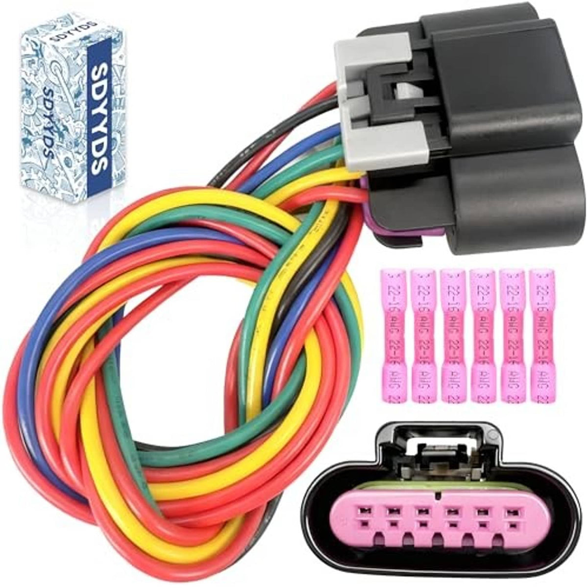 Accelerator pedal sensor wiring harness with black housing, pink multi-pin plug, colored wires