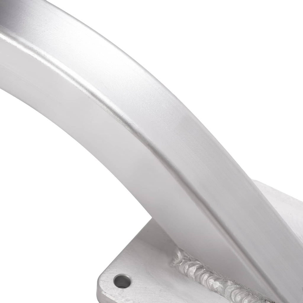 Close-up of silver arm joint with mounting hole and textured weld detail