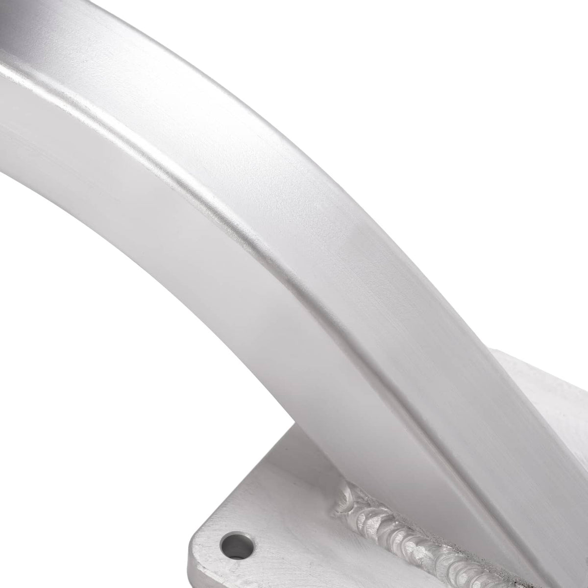 Close-up of silver arm joint with mounting hole and textured weld detail