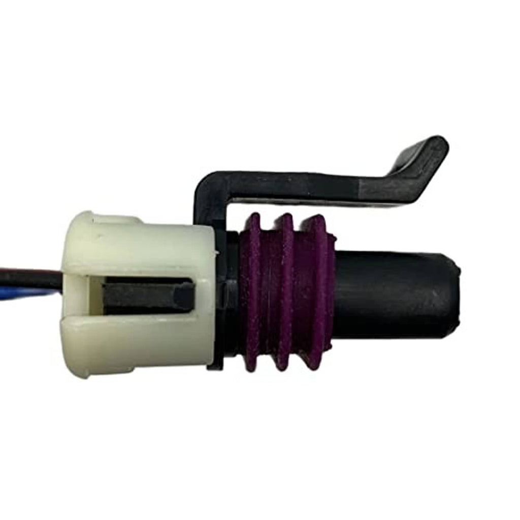 Camshaft position sensor connector wiring harness, side view with purple latch tab