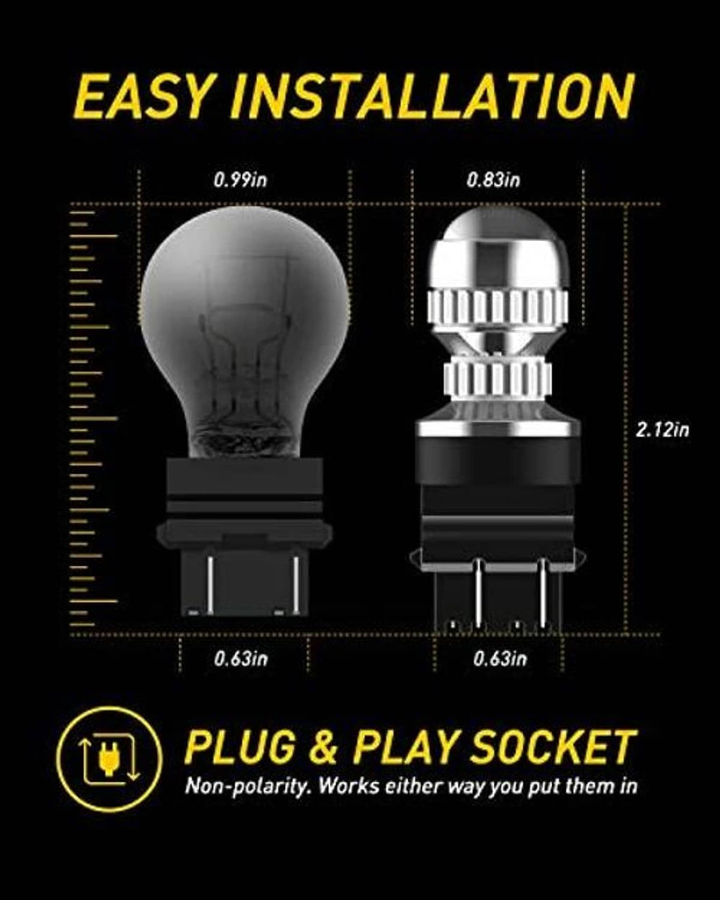Red LED bulb plug-and-play size diagram with base connector and diode head