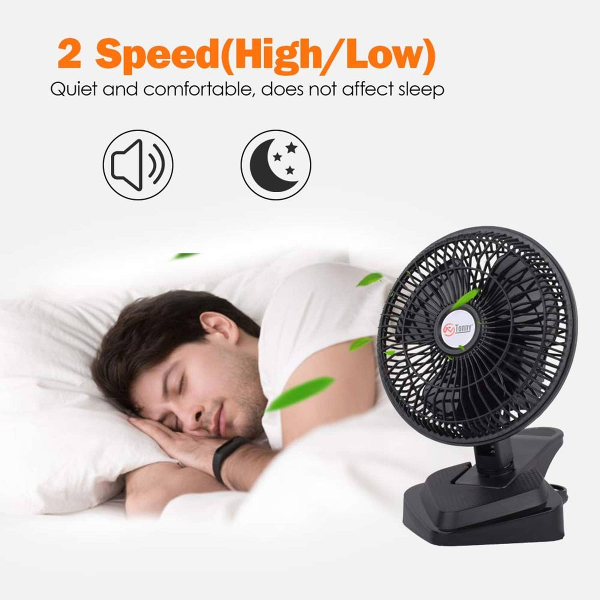 Black clip-on desk fan on base with front grille and two quiet speed settings.
