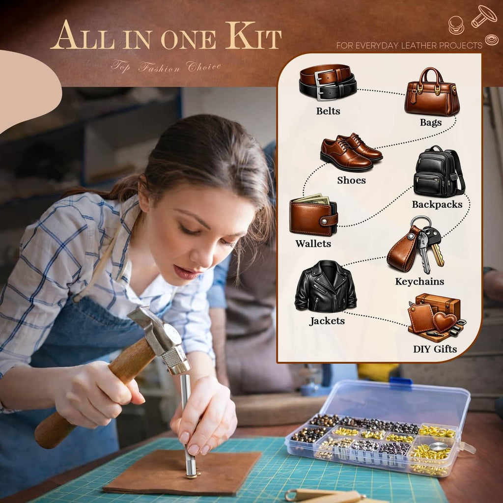 Leather rivets kit with mixed-color rivets in a clear organizer and handheld setting tool