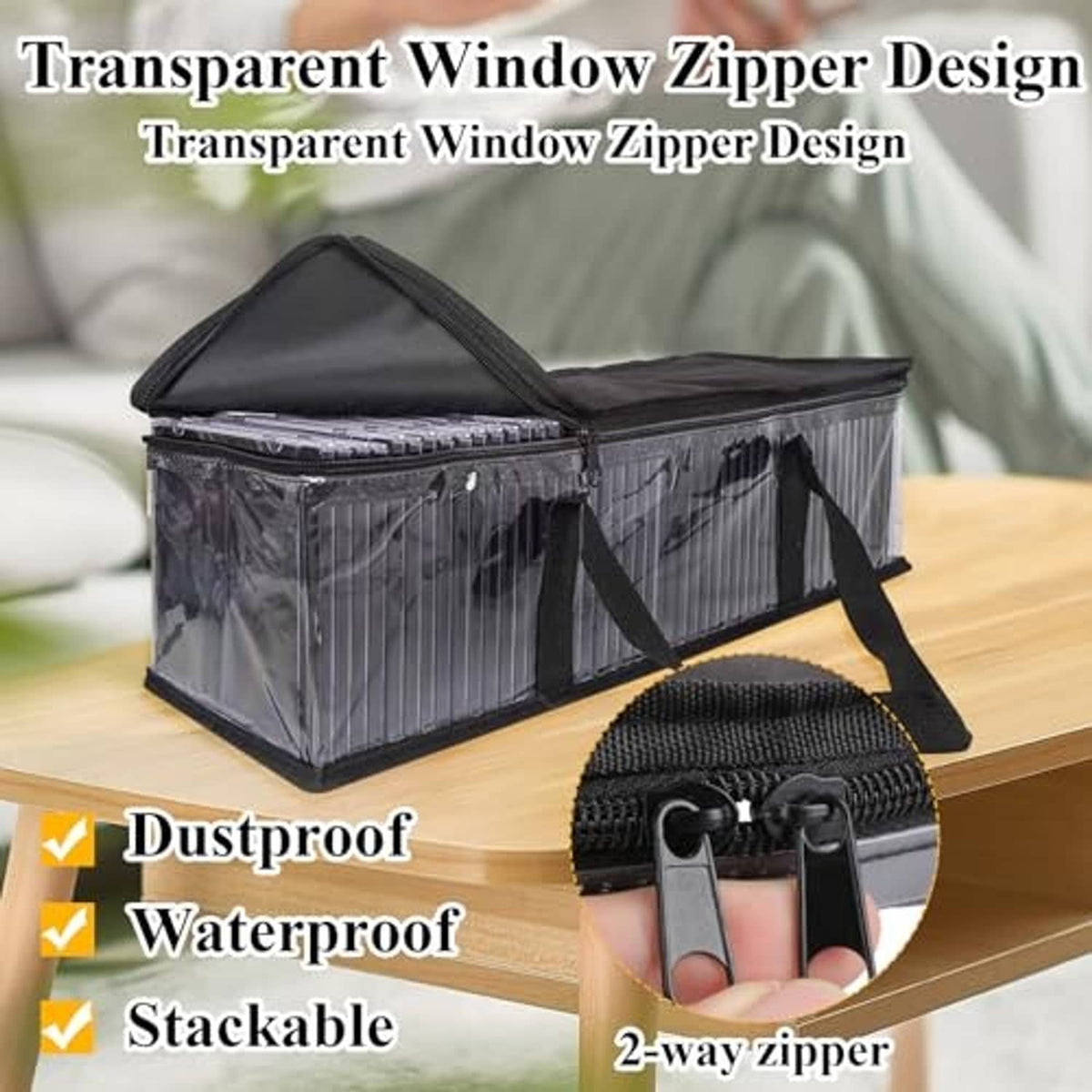 Clear PVC DVD storage bag with black trim, front zipper, and carrying handles