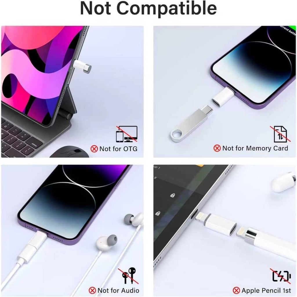 White USB-C female to Lightning male adapter shown connected for charging