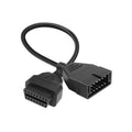 Black OBD adapter cable with 12-pin and 16-pin connectors, two locking plugs
