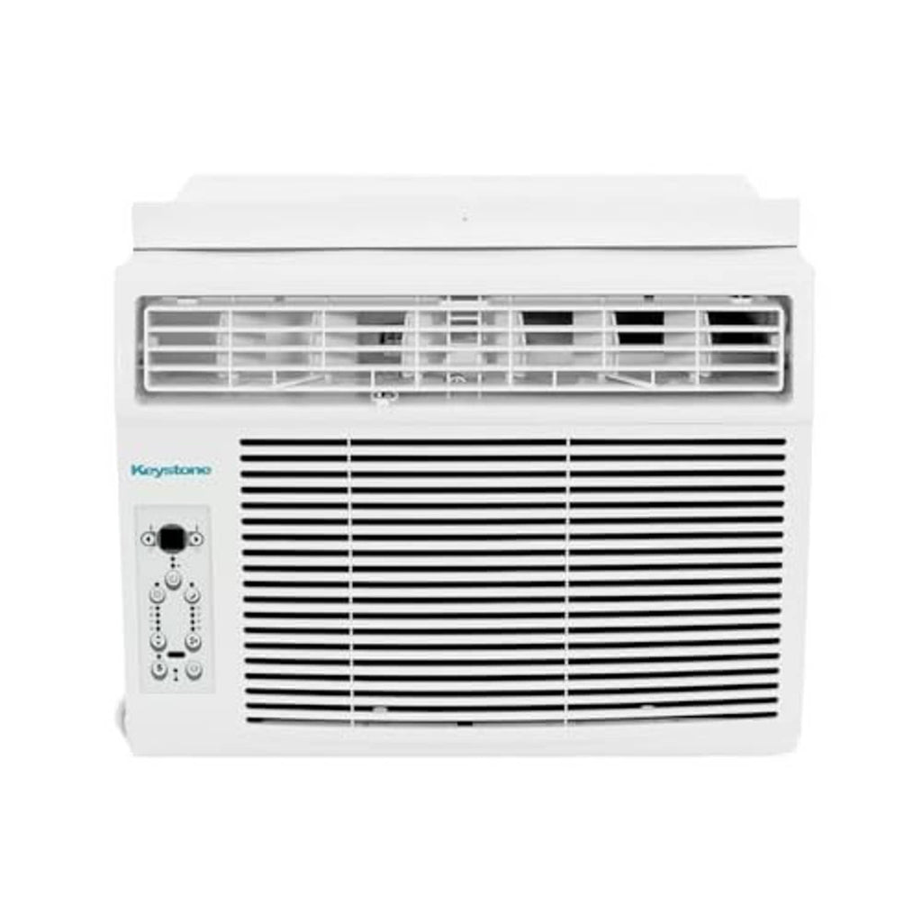 White window air conditioner unit with front grille and side control panel