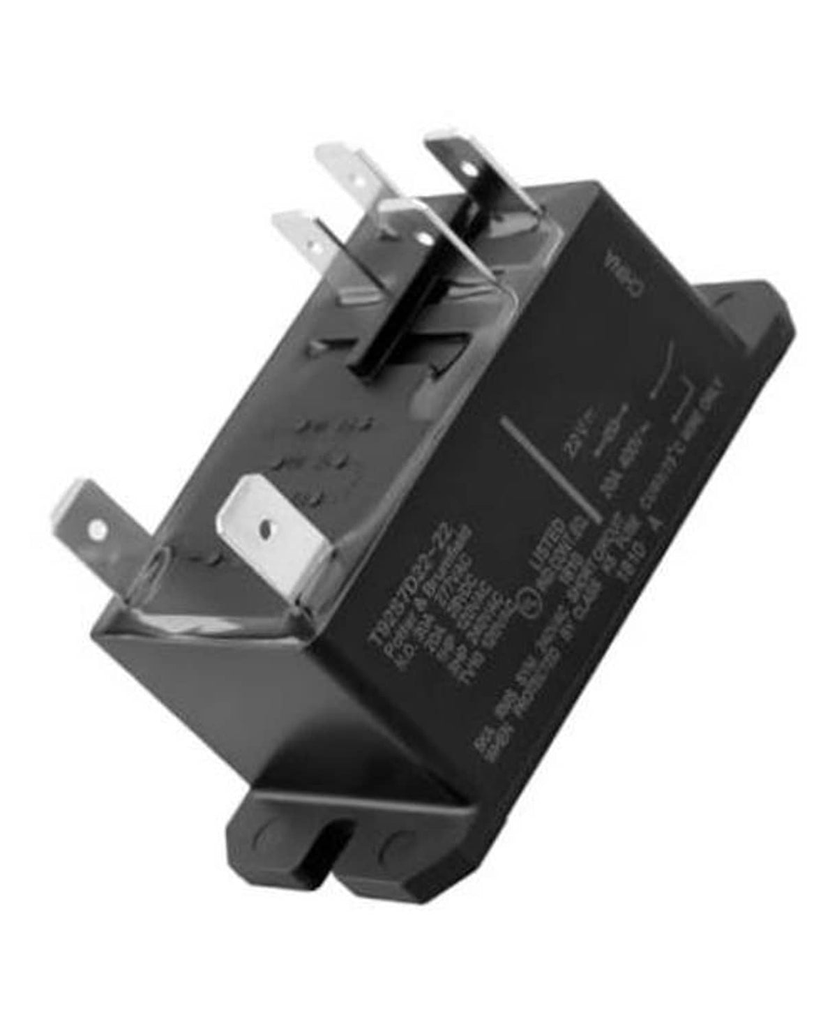 Black HVAC blower motor relay with metal mounting tabs and connector terminals