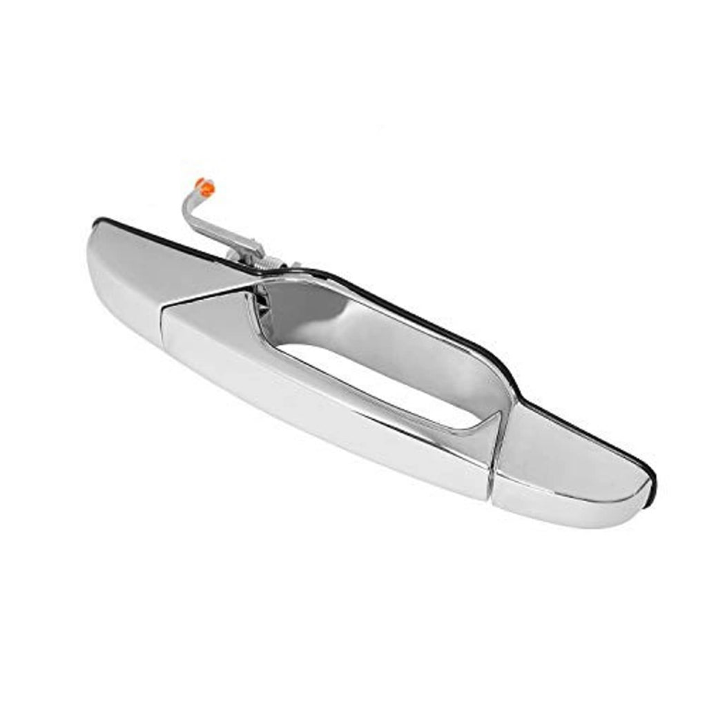 Chrome exterior door handle, smooth oval grip with mounting hardware detail on white.