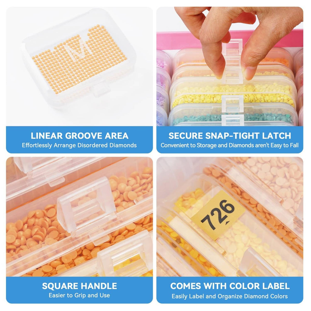Diamond painting storage trays with clear snap lids, square handle and color labels