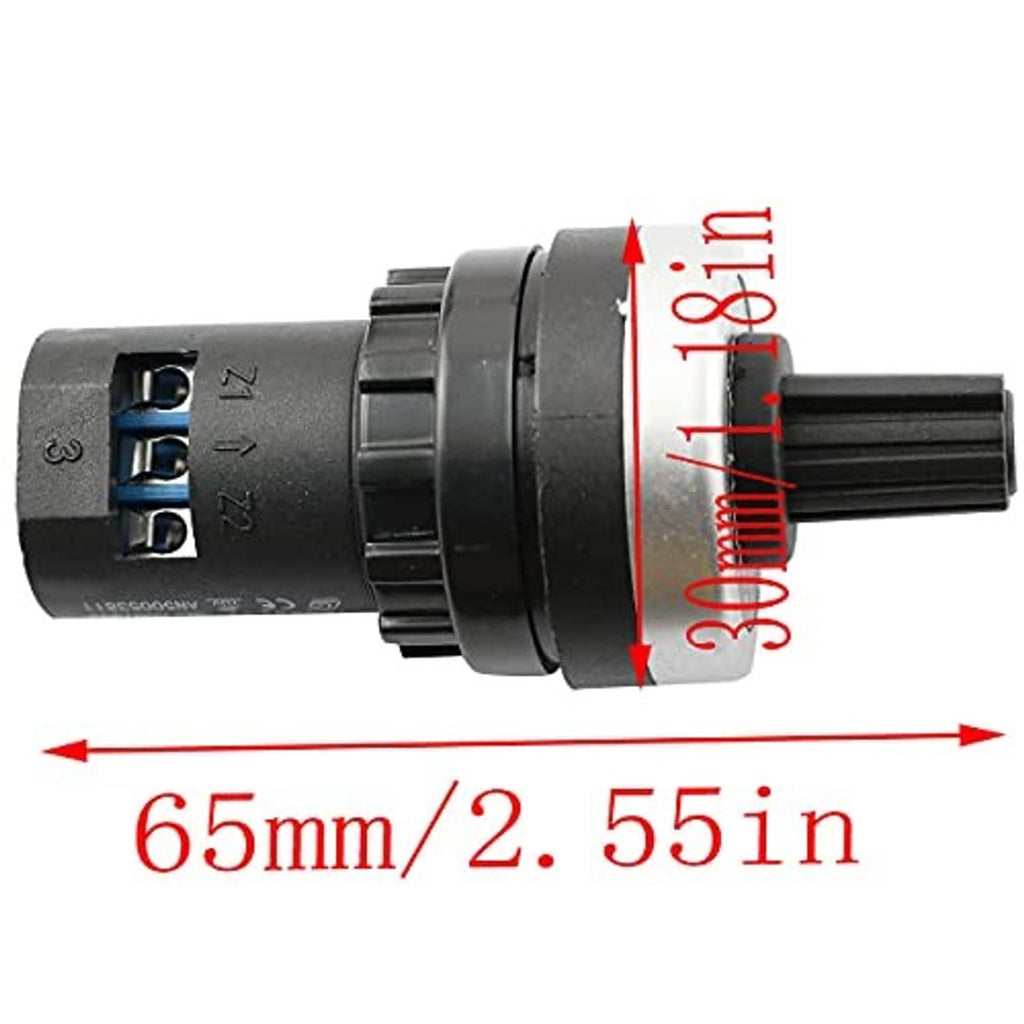 Rotary potentiometer with blue 3-screw terminals; shows size callout 65 mm/2.55 in