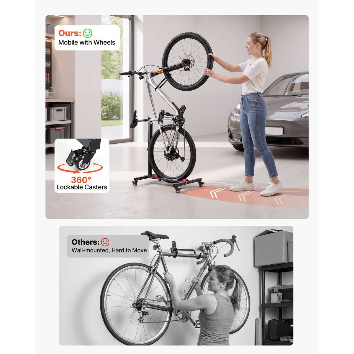 Portable bike rack with caster wheels, black frame, and red contact pads