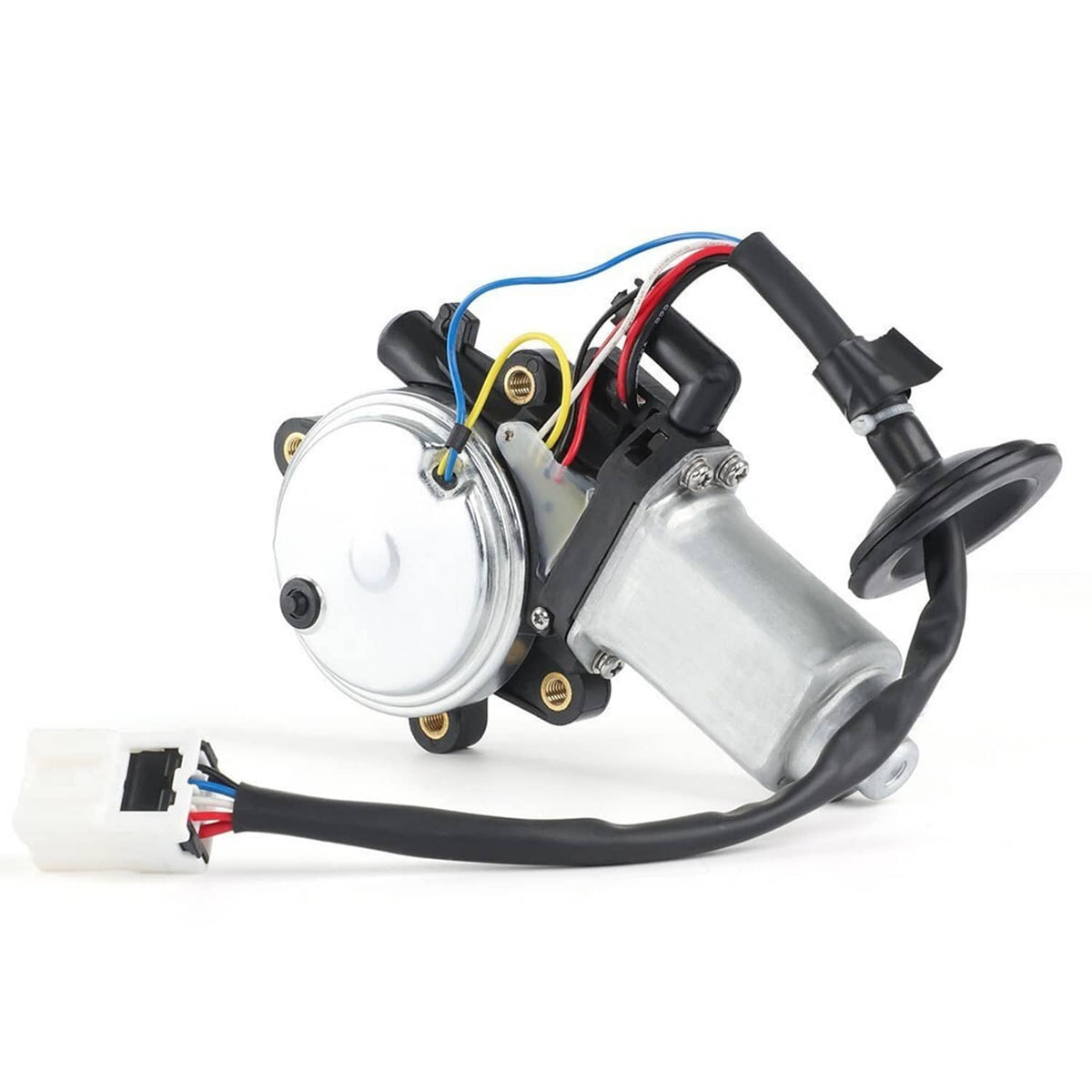 Front power window motor assembly, angled view with round housing, metal cylinder, and plug