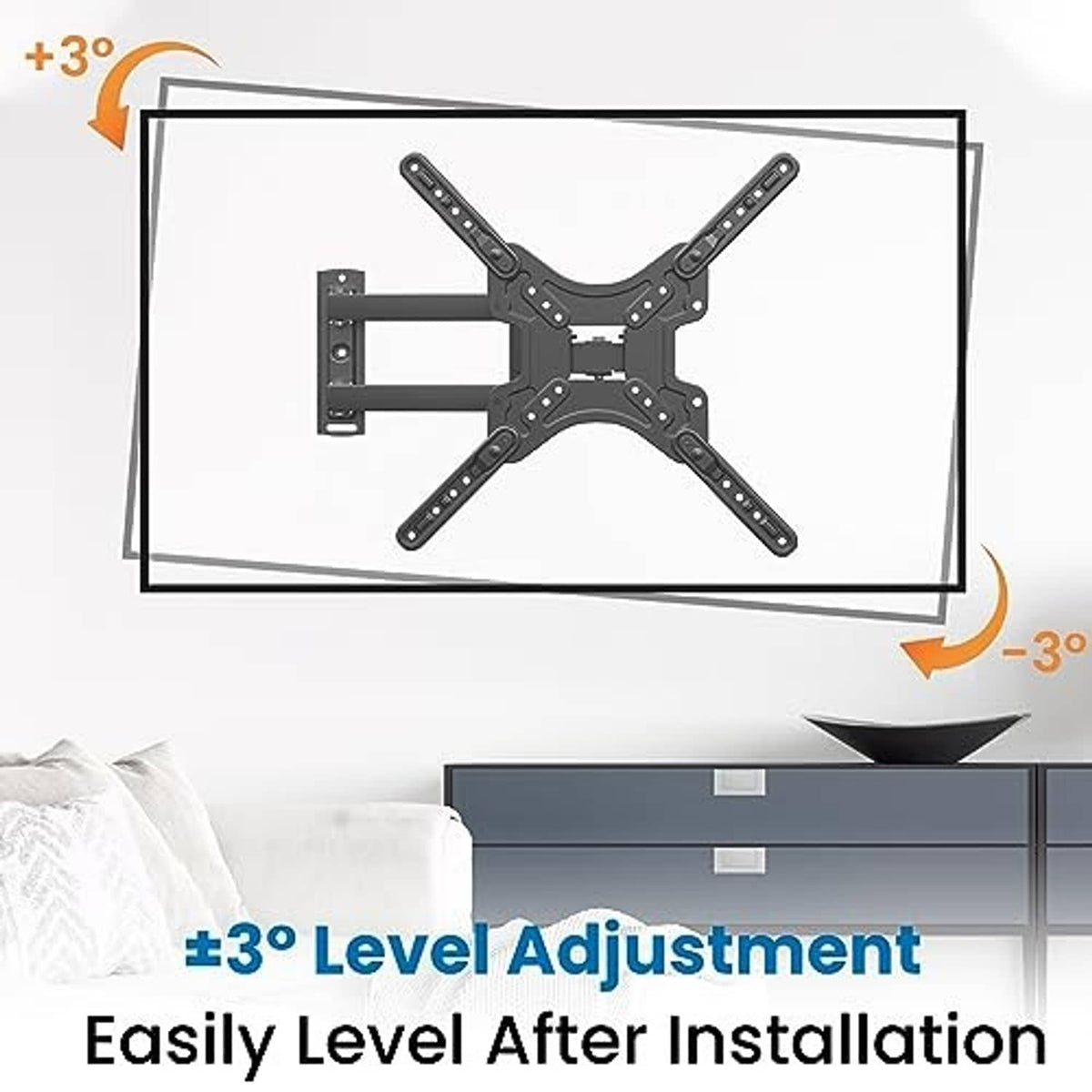 Full-motion TV wall mount bracket with VESA plate and tilt level adjustment range