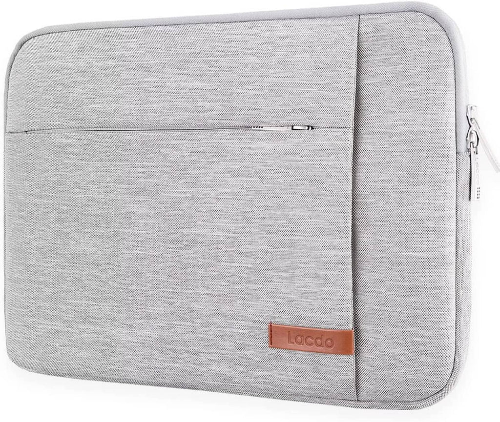 Light gray 13-inch laptop sleeve case with padded front panel and rounded corner edges