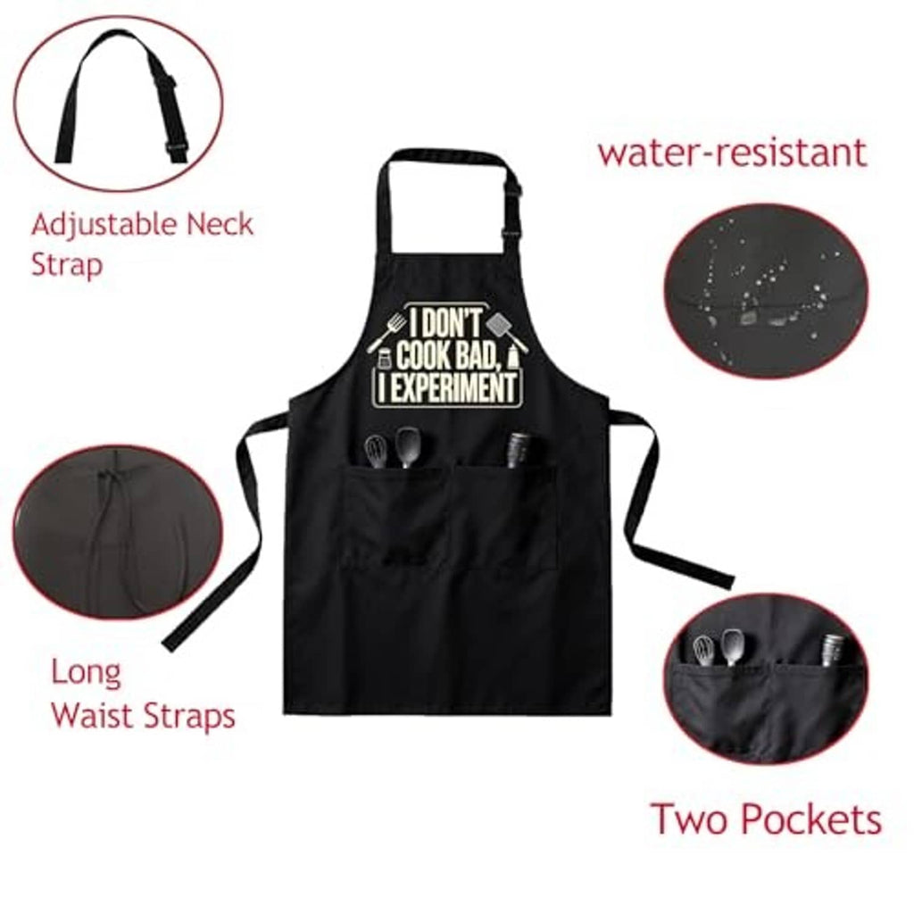 Black apron infographic: adjustable neck strap, long waist ties, water-resistant, two pockets