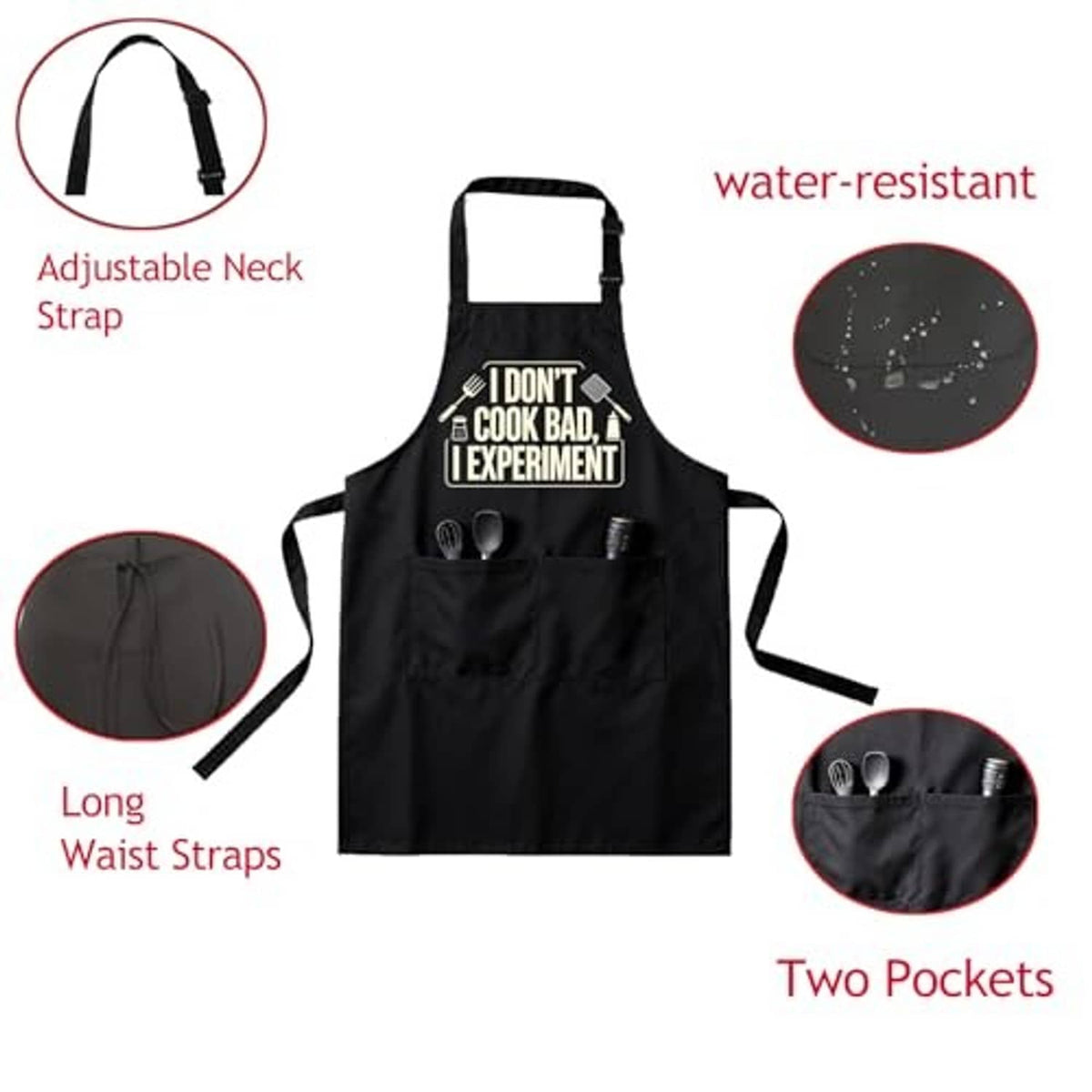 Black apron infographic: adjustable neck strap, long waist ties, water-resistant, two pockets
